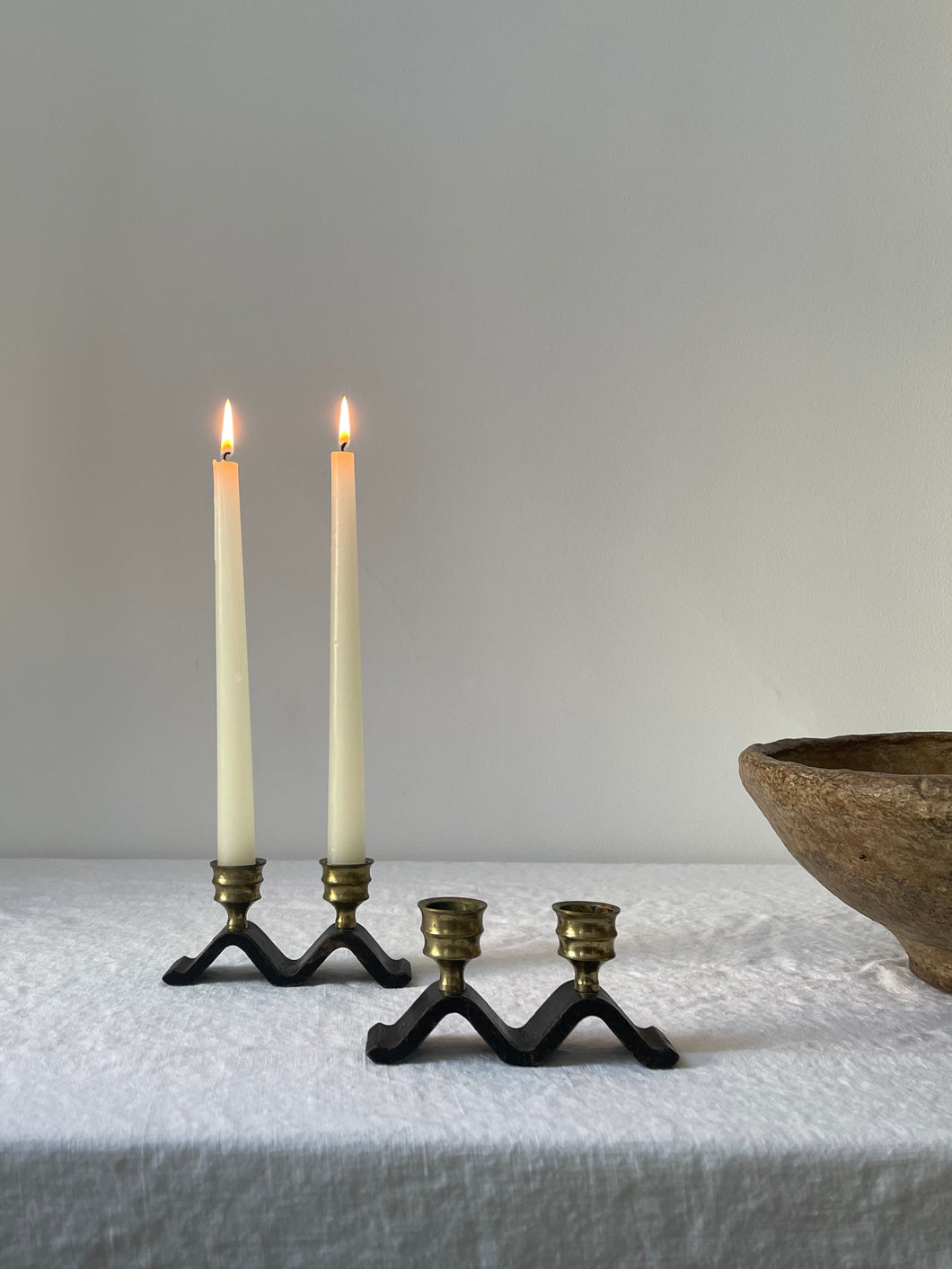 Wavy Brass and Cast Iron Candle Holders